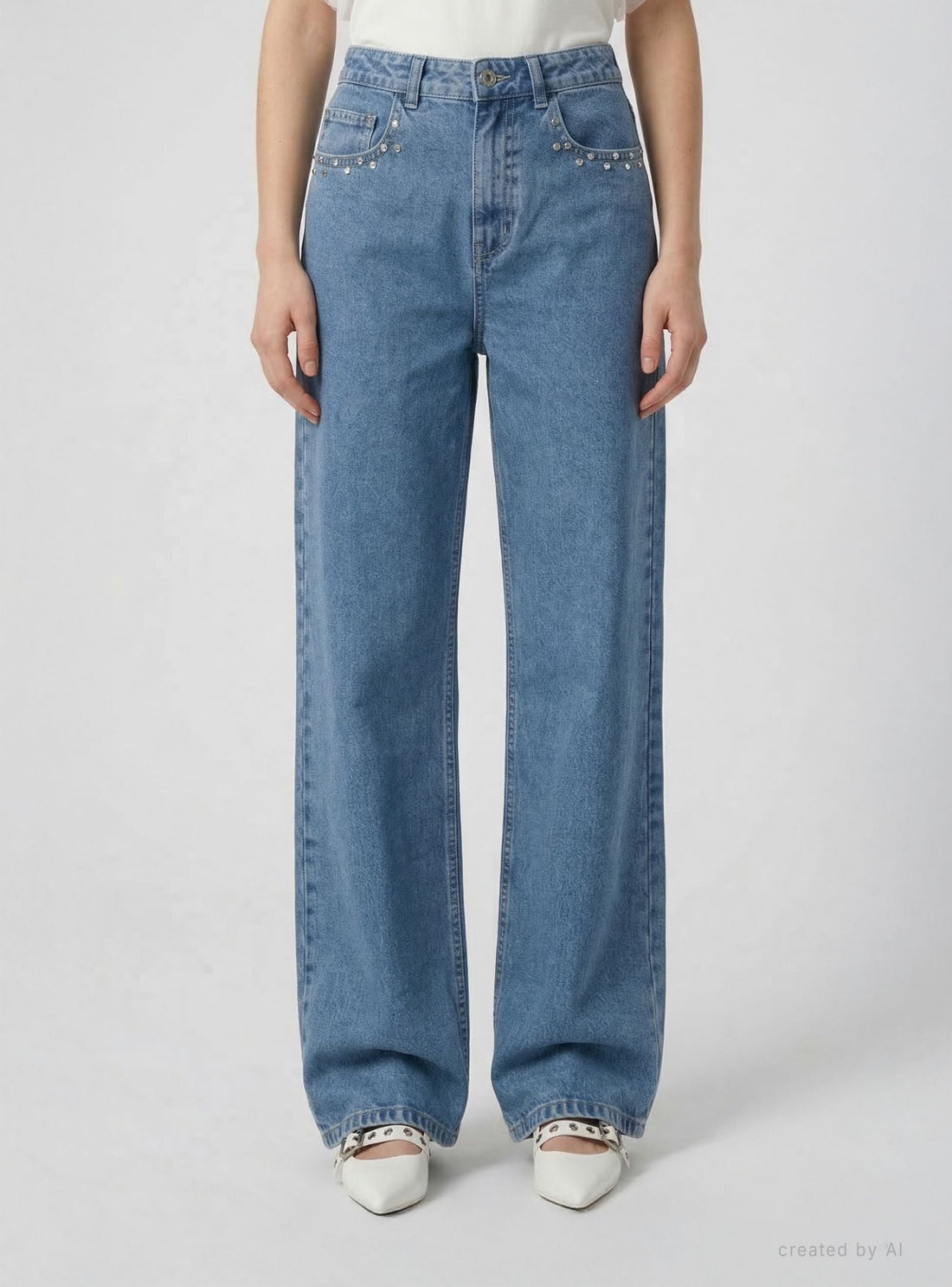 Jeans wide leg con strass tasche