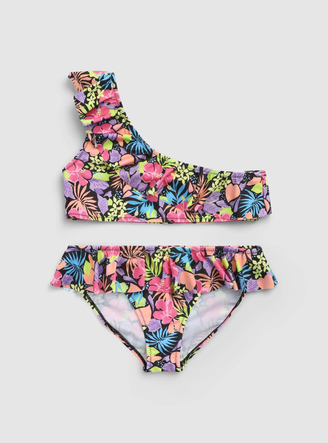Bikini monospalla a fiori con balza