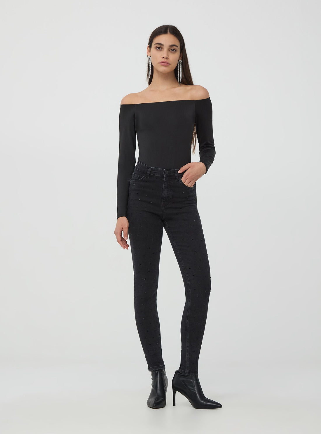 Jeans skinny vita alta con strass