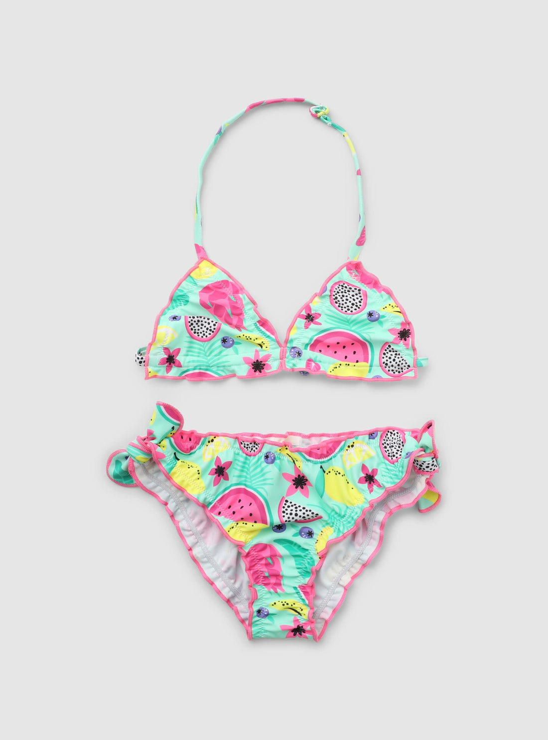 Set bikini triangolo con stampa frutta e volant