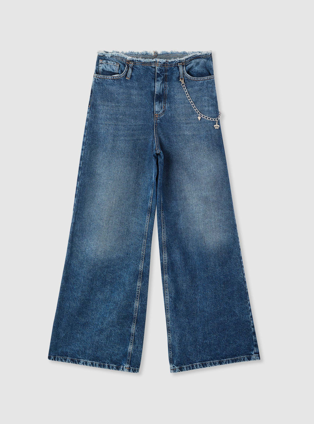 Jeans straight con vita sfrangiata e catena