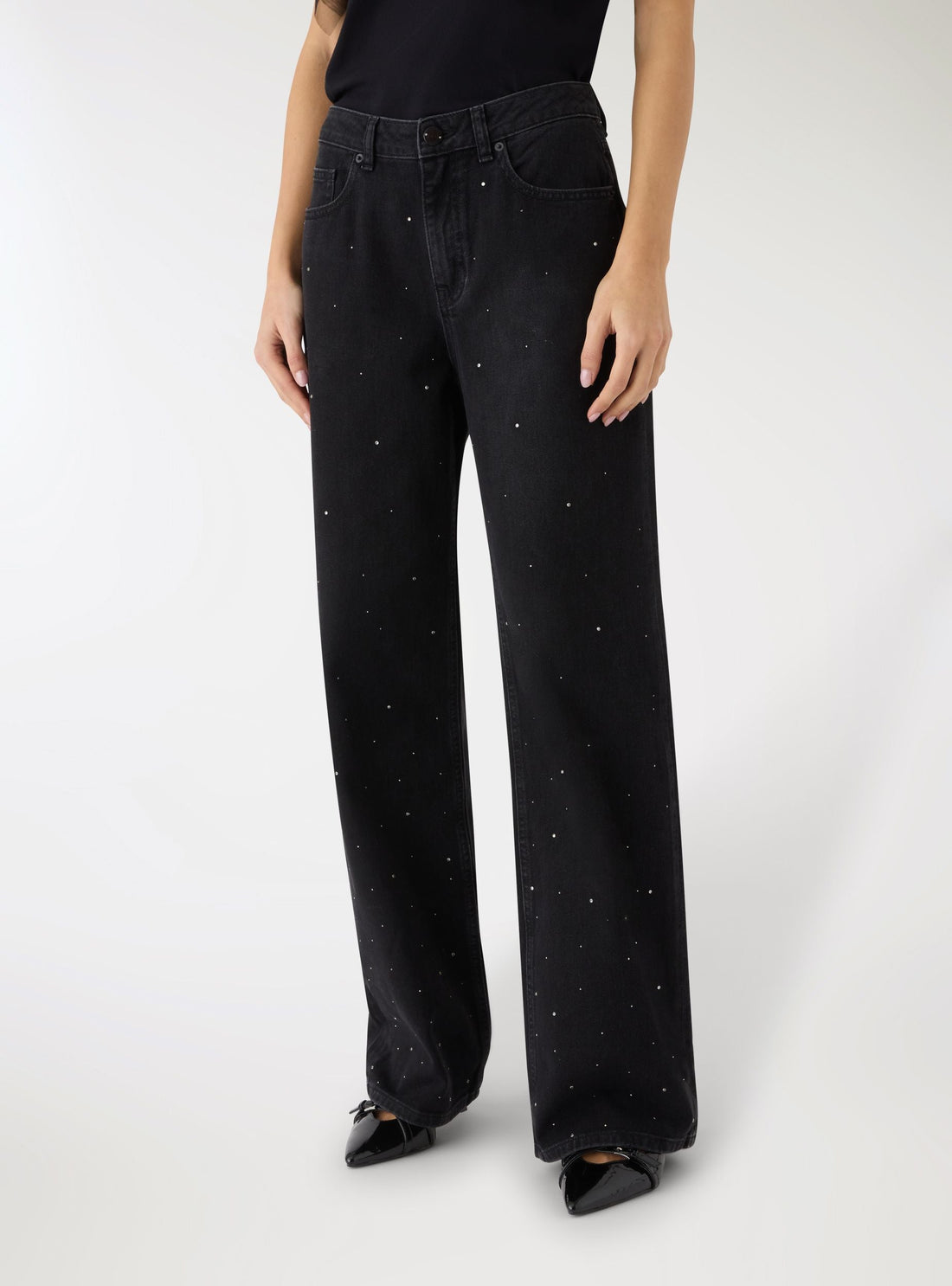 Jeans wide leg con strass allover
