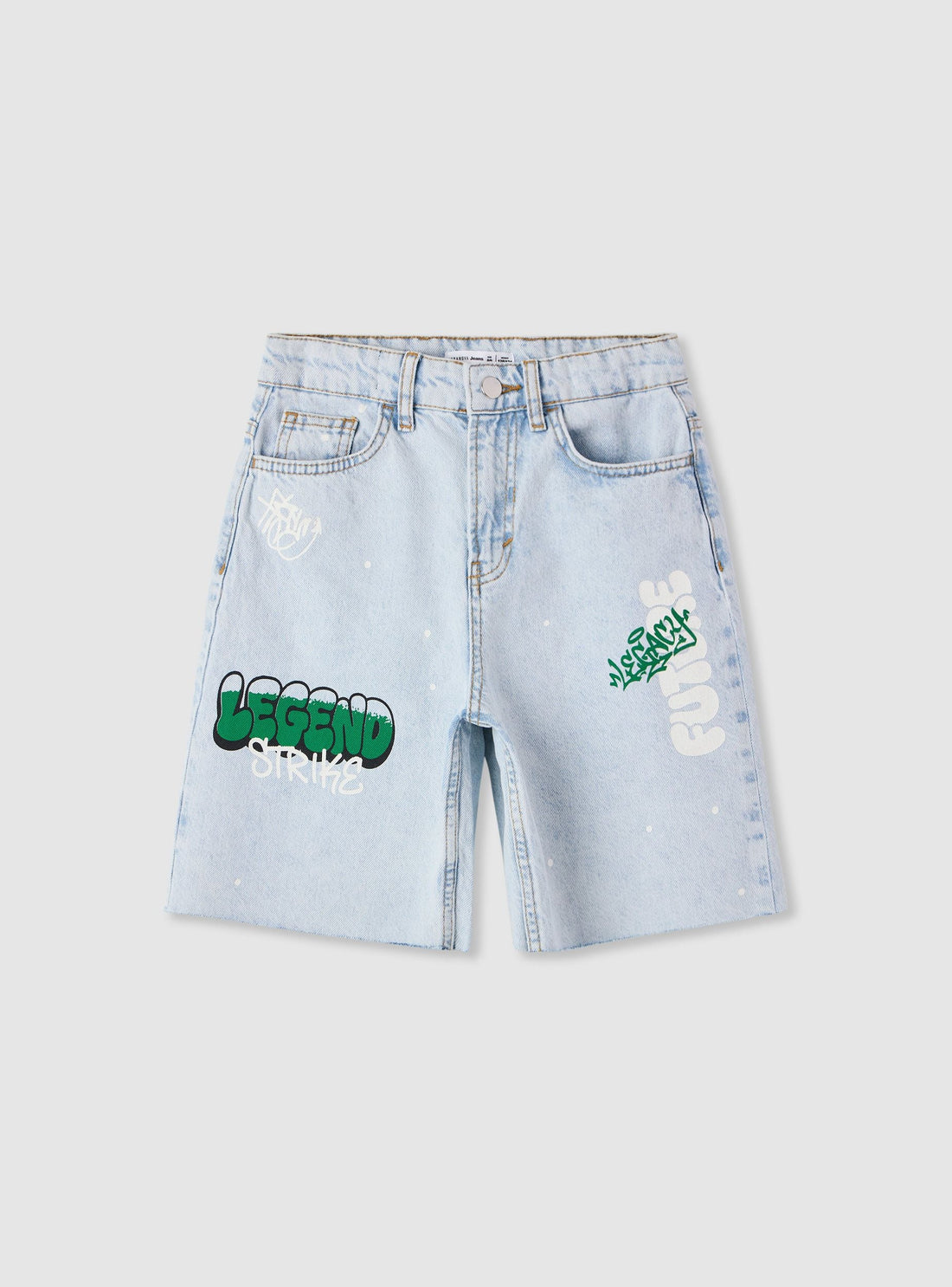 Pantaloncini jeans con stampa graffiti e strappi