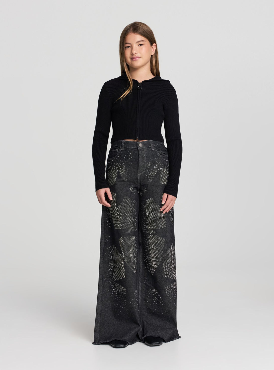 Jeans wide leg con strass a stelle