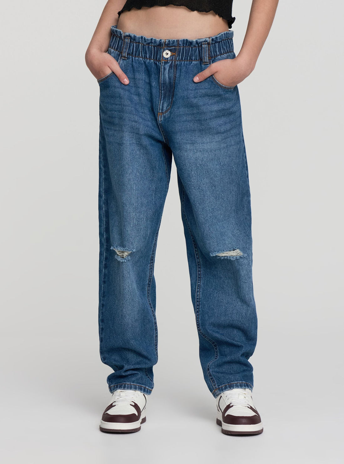 Jeans balloon paperbag con strappi