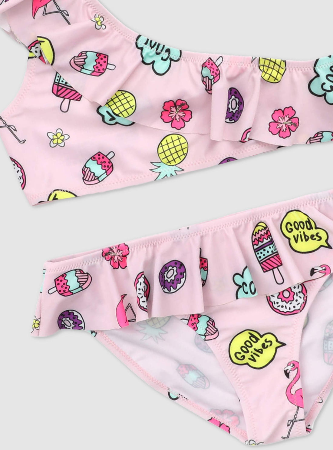 Bikini monospalla con balze e stampe pop